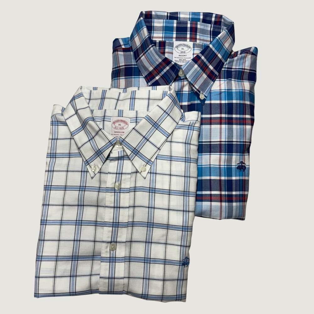2)Brooks Brothers Button Down Shirt Men XL Blue Plaid Windowpane Non-Iron Bundle